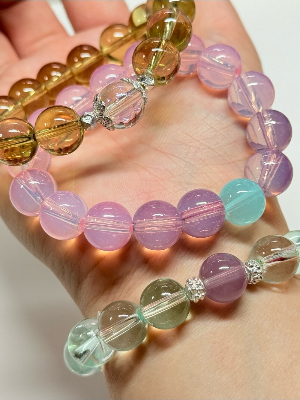 Handmade Transparent Multicolor Beaded Stretch Bracelet Set - Pink, Blue, Green